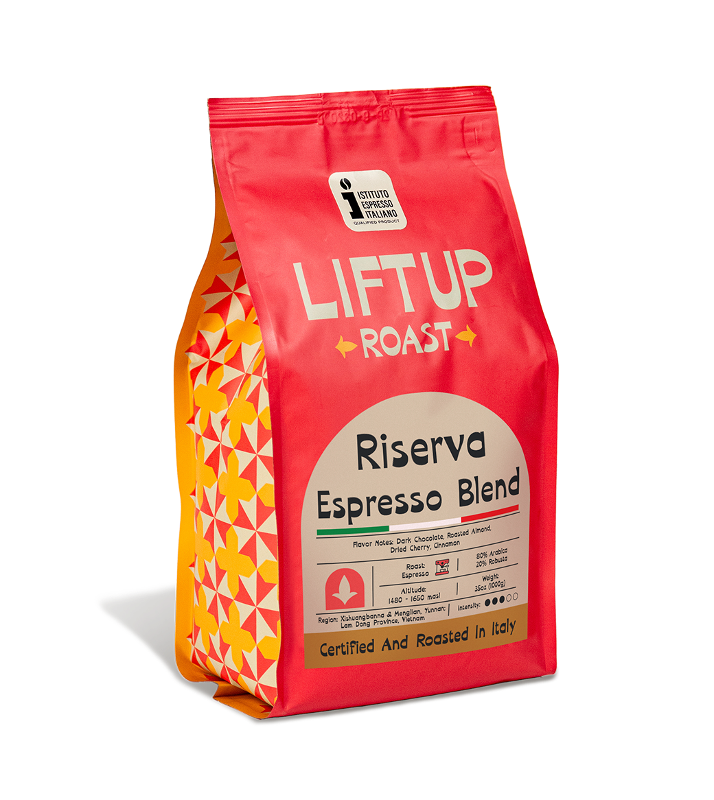A bag of Liftup Roast Riserva Espresso Blend coffee, featuring a bright red front with white text and a yellow and orange geometric pattern on the sides, set against a plain white background.